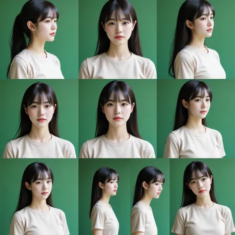 Nine-grid，Various angles of character avatars， front view，bust，Headshot，green screen green background，【Character core】22-year-old Asian girl，wears a round neck
