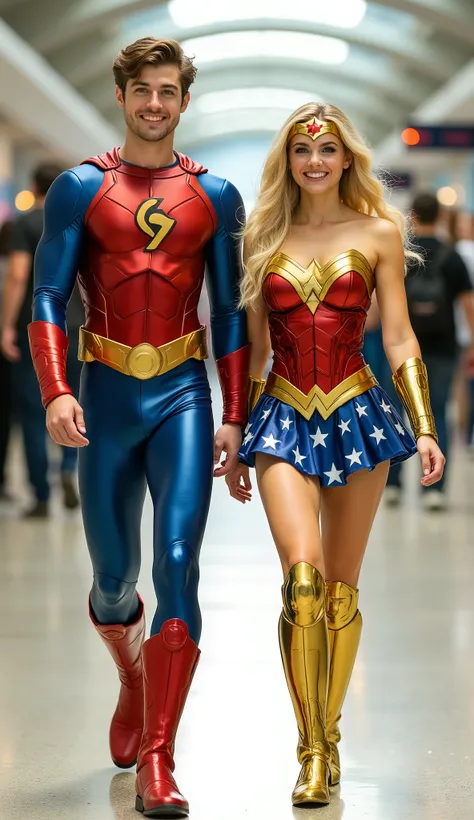 character: 1 young man,  and 1 young women. They have blonde hair and They have cute faces.

action: Walk straight and look straight ahead.

Expression : smiling.

Costume : they Wearing wonder woman body suit 

 Background : A bright indoor public space ,...