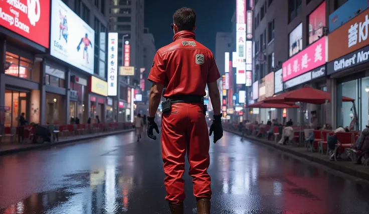 8,000 , masterpiece , Danny,Highest Quality, Medium shot, Back View,1Man,full body,standing,Man's side head,Akira's Kaneda one-piece work suit+++,non-high neck design,short-sleeve red leather jacket+,red long Leather Pants,brown black long leather boots,...