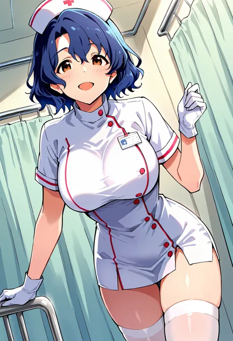 Score_9, score_8_up, score_7_up, source_anime, ftk, solo, short hair, wavy hair, hair between eyes, blue hair, brown eyes, large breasts, (best quality), (high quality), {masterpiece}, extremely delicate and beautiful, ultra-detailed, beautiful detailed ey...