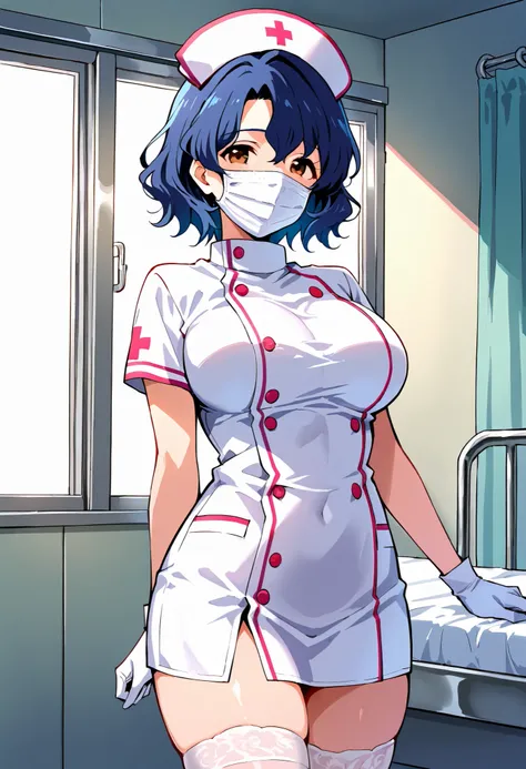 Score_9, score_8_up, score_7_up, source_anime, ftk, solo, short hair, wavy hair, hair between eyes, blue hair, brown eyes, large breasts, (best quality), (high quality), {masterpiece}, extremely delicate and beautiful, ultra-detailed, beautiful detailed ey...