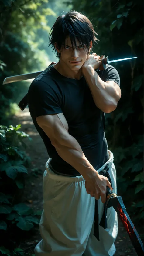 score_9, score_8_up, score_7_up, source_anime, solo, male focus, 1boy, jjkt0ji, scar on face, scar on mouth, muscular male, evil smile, looking at viewer, standing, weapon over shoulder, holding weapon, holding sword, blue eyes, black shirt, short sleeves,...