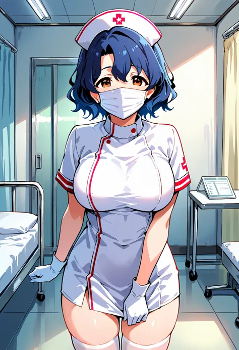 Score_9, score_8_up, score_7_up, source_anime, ftk, solo, short hair, wavy hair, hair between eyes, blue hair, brown eyes, large breasts, (best quality), (high quality), {masterpiece}, extremely delicate and beautiful, ultra-detailed, beautiful detailed ey...
