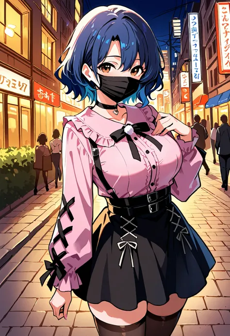 Score_9, score_8_up, score_7_up, source_anime, ftk, solo, short hair, wavy hair, hair between eyes, blue hair, brown eyes, large breasts, (best quality), (high quality), {masterpiece}, extremely delicate and beautiful, ultra-detailed, beautiful detailed ey...
