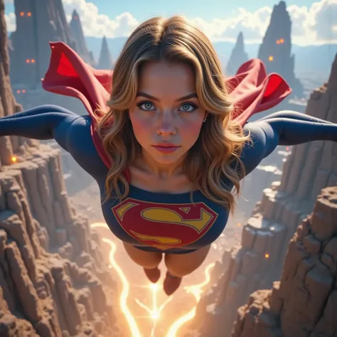 INCREDIBLY SEXY YOUNG INNOCENT MATURE SUPERGIRL, HYPER DETAILED BLUE EYES, beautiful Kryptonian superheroine, powerful stance, wavy blonde hair, determined expression, red and blue SUPERGIRL costume, flying mid-air, energy beams from EYES, detailed facial ...