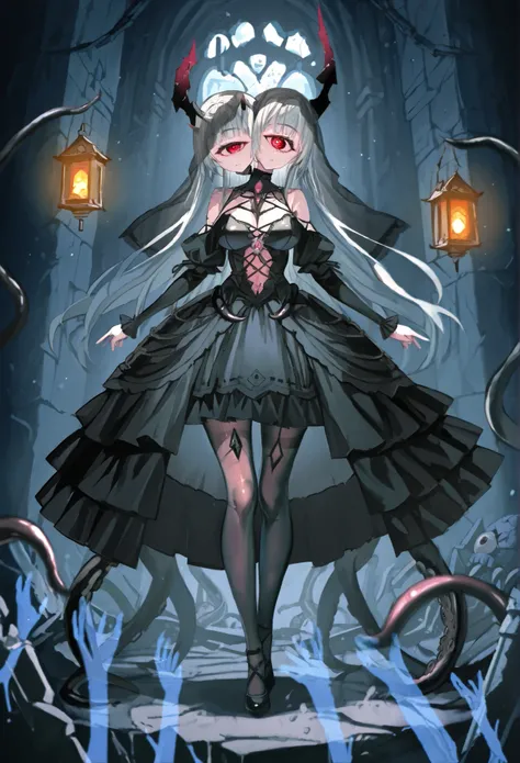 Two-headed woman. ((Twin heads)) ((Cyclops Eye)) Silver hair. Long hair. Gothic dress. Black and white dress. Arthropod motif costume. Rib motif costume. Horns on her head. Mono-eye. Breasts perky. Transparent tights chest. Veil. Tentacles from behind. Ten...