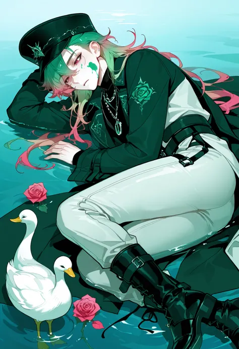 1 male,( long hair,gradient hair color,green ear dye on the face),Exaggerated hair accessories,metal necklace, very detailed costume,hat,coat, long pants,Boots,highly saturated rose pink pigment dripping down,Drop,drop on the back of a swan lying on its si...