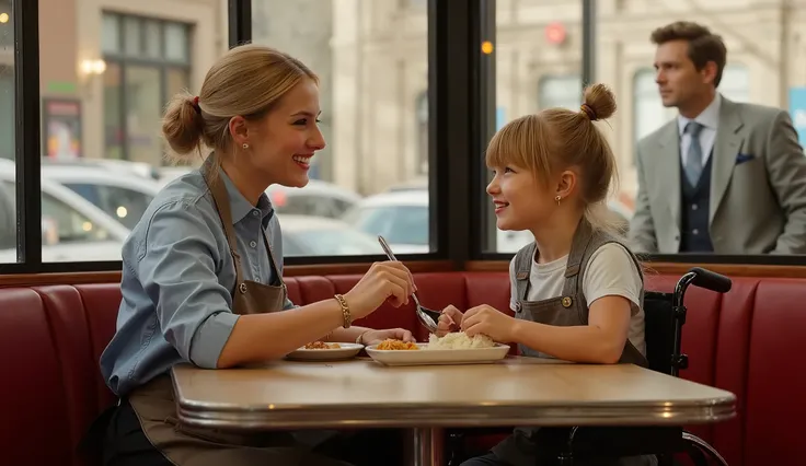 The image is a cinematic scene set in a cozy, warmly lit diner in newyork. In the foreground, a woman with fair skin and blonde hair in a bun, wearing a light blue shirt and apron, smiles as she feeds a light-skinned and blonde-haired cute girl in a wheelc...