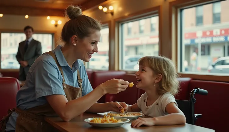The image is a cinematic scene set in a cozy, warmly lit diner in newyork. In the foreground, a woman with fair skin and blonde hair in a bun, wearing a light blue shirt and apron, smiles as she feeds a light-skinned and blonde-haired cute girl in a wheelc...
