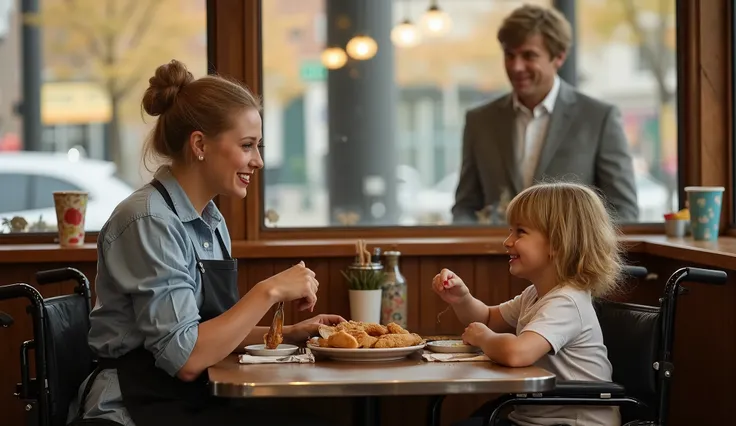 The image is a cinematic scene set in a cozy, warmly lit diner in newyork. In the foreground, a woman with fair skin and blonde hair in a bun, wearing a light blue shirt and apron, smiles as she feeds a light-skinned and blonde-haired cute girl in a wheelc...