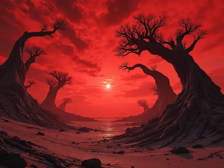 A desert landscape with skeletal trees reaching towards a blood-red sky, surreal atmosphere, sense of hopelessness and despair, high contrast.