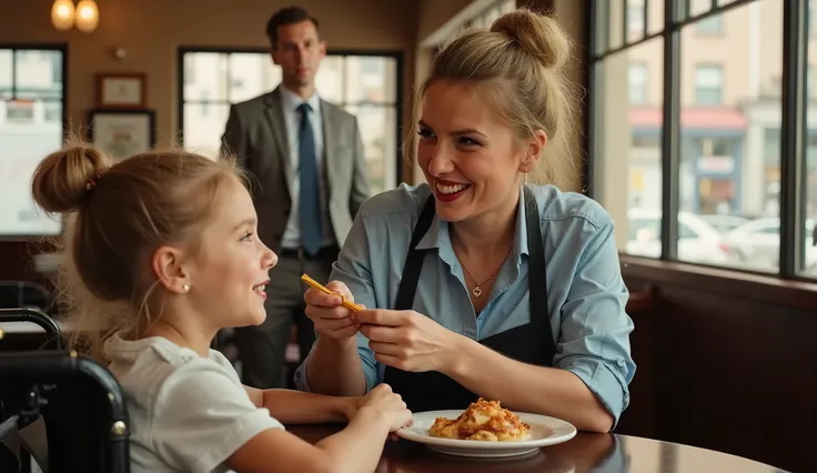 The image is a cinematic scene set in a cozy, warmly lit diner in newyork. In the foreground, a woman with fair skin and blonde hair in a bun, wearing a light blue shirt and apron, smiles as she feeds a light-skinned and blonde-haired cute girl in a wheelc...