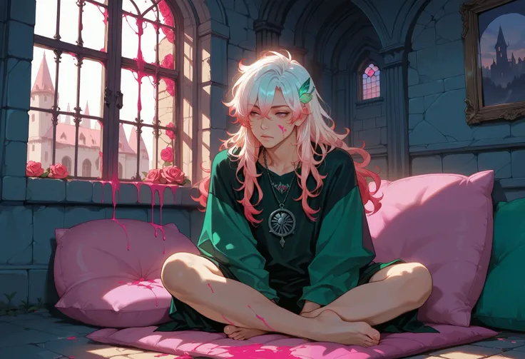 1 male,( long hair,gradient hair color,green ear dye on the face), pretty face,Exaggerated hair accessories,metal necklace, very detailed costume,bare feet,has 2 layers of highly saturated rose pink paint dripping off the screen,Drop,wool cushion,European ...
