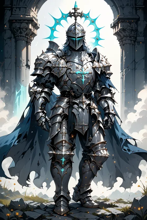 score_9, score_8_up, score_7_up, score_6_up, score_5_up, score_4_up, arm0rs3nt1n3l, full body shot, solo, 1boy, silver gothic armor, blue cape, torn cape, silver knight armor, gothic helmet, male focus, blue glow, glow particles, medieval fantasy, dark fan...