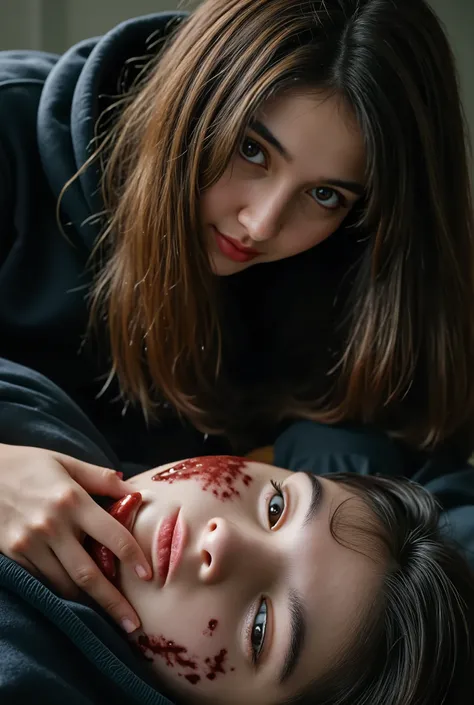 Realistic, A Very beautiful woman, cut throat a boy, boy full face mask close, neck bloody splash, neck slashed, throat contents, boy dead, woman deadly knife, woman very thick hair, woman rich beauty, woman kill boy, boy hoodie
