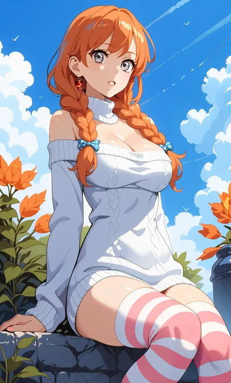 1girl, solo, very long hair to the hip, large breasts, gray eyes, thighhighs, cleavage, bare shoulders, sitting, orange hair, braid, outdoors, parted lips, sky, striped, cloud, off shoulder, long twin braids, sweater, turtleneck, hair over shoulder, strip...