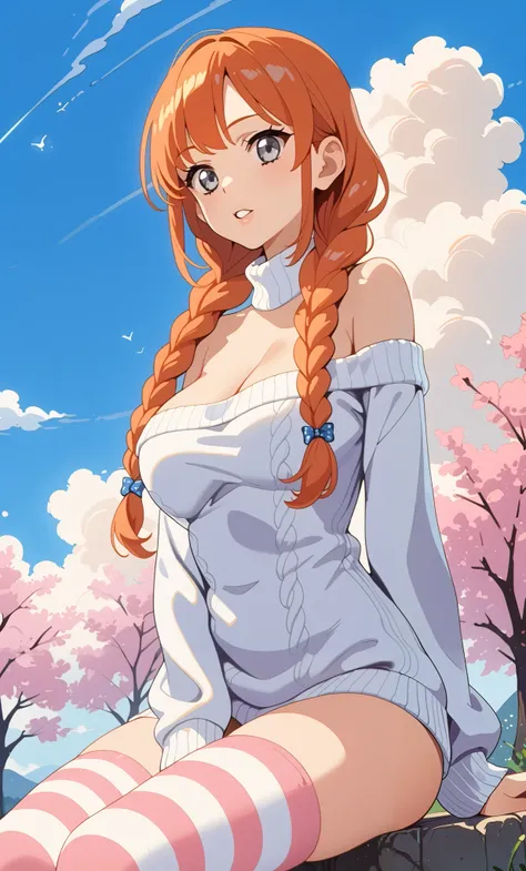 1girl, solo, very long hair to the hip, large breasts, gray eyes, thighhighs, cleavage, bare shoulders, sitting, orange hair, braid, outdoors, parted lips, sky, striped, cloud, off shoulder, long twin braids, sweater, turtleneck, hair over shoulder, strip...