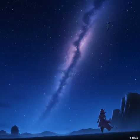 T-rex with magical fantasy highly detailed, it is a deep dream,  starry sky, dream like night, fantastic scape, 