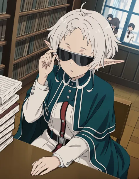 masterpiece, best quality, amazing quality,, sylphiette, short hair, ahoge, white hair, pointy ears, elf, mature female, anime screencap, long sleeves, uniform, shirt, white shirt, university, parted lips, solo, cowboy shot, solo, sunglasses, capelet, cape...