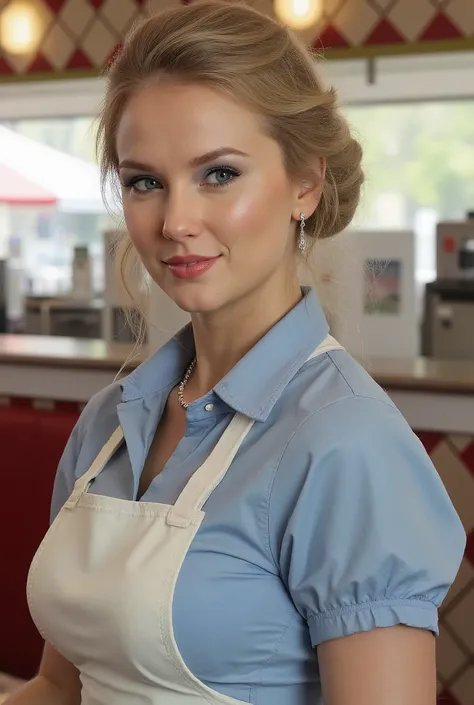 a stunning woman with fair skin and blonde hair in a bun, wearing a light blue shirt and apron, smiles, in diner