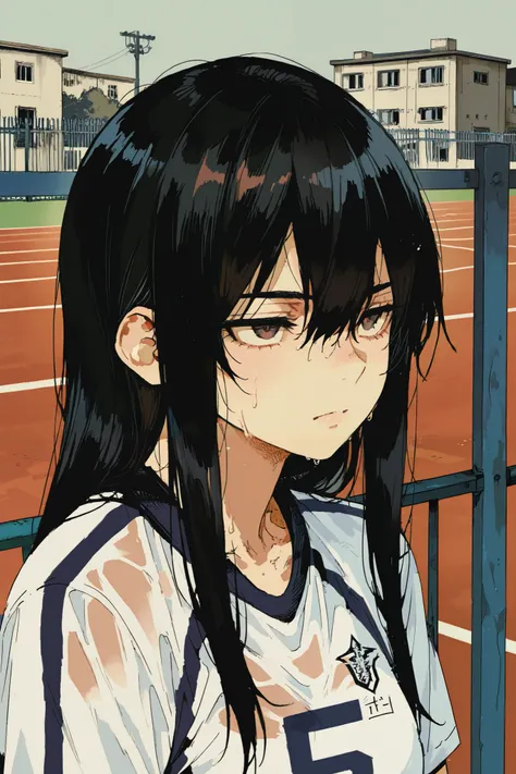 Girl with a serious melancholic anime expression, long black hair, Anime style, sports uniform, portrait in the foreground, half body, front view looking ahead looking into the distance, Serious melancholic look cuero suave, Minimum fund, inner environment...
