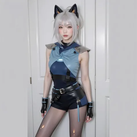 （A 20-year-old Korean female stands in a modern, simple white study room）（with starlight particle effects），realistic style。
translucent orange ribbon wrapped around the shoulder，Sci-fi smart five-color glow embellishes clothes。

 Clothing Details ：
Overall...