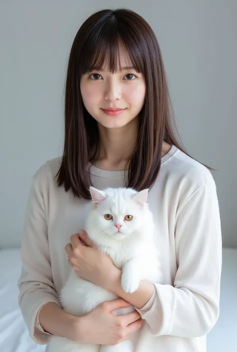 high resolution photo of a young Japanese woman,professional lighting, sharp concentration, Alone, 1 girl, (( Too much exposed skin, upper body above the knee :1.4)), I'm holding a white Persian cat,slender body, white skin, detailed face, Detailed Eyes, s...