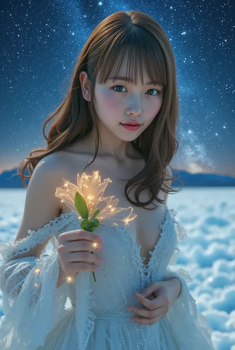 best quality、masterpiece、18 year old Japanese girl、I'm at Uyuni salt lake on a night with water、Milky Way Galaxy、((((full body picture))))