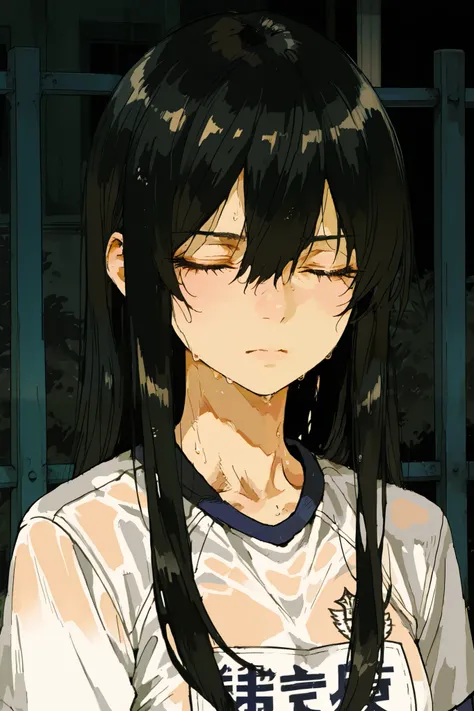 Girl with serious melancholic anime expression, Long black hair, Anime style, sports uniform, portrait in the foreground, half body, front view looking forward looking into the distance, serious melancholic look cuero suave, Minimum fund, Interior environ...
