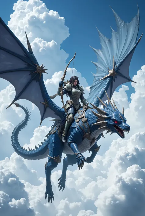 monster hunters、 ( a scene where she flies through the sky riding a blue wyvern with a bow and arrow)( a beautiful woman like a fashion model wearing light green armor )( A blue wyvern spits fire out of the sky with a long neck 、 spreading her wings in ...