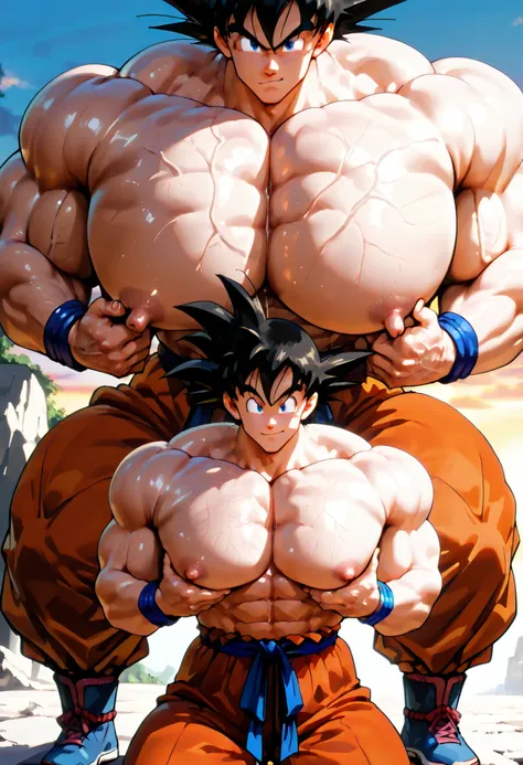 score_9, score_8_up, score_7_up, score_6_up, score_5_up, score_4_up BREAK pokkuti, anime screencap, (muscular:1.4), 1boy, solo, looking at viewer, black hair, Beige skin, (grin:0.7), Grey, blue eyes, outdoors, day, sunset, half-closed eyes, groping own pec...