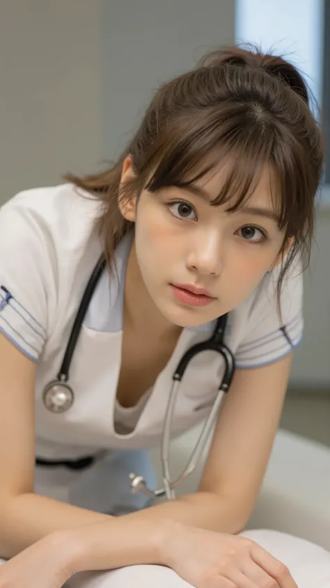 A photorealistic image of a young female nurse in a Japanese hospital examination room. She has a concerned expression as she leans forward, looking closely at the viewer. She has a short ponytail hairstyle and is wearing medical scrubs. Due to her posture...