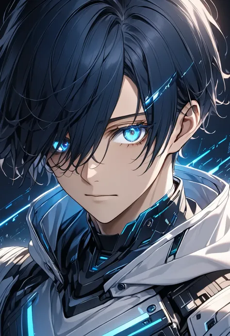 cybernetical eye, android young man, eye trail, Eyes that shine blue, blue afterglow in the eyes,