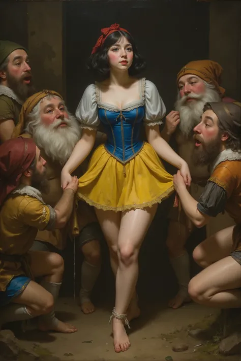 ((NSFW)),
rmbt,
18th century,

1girl, 7guys,
young Snow White, Snow White being gang-raped by the seven dwarfs,
Everyone says that Snow White is promiscuous,
she is Short bob black hair with red head ribbon, 
she is snow white skin, 
she wearing blue bodic...