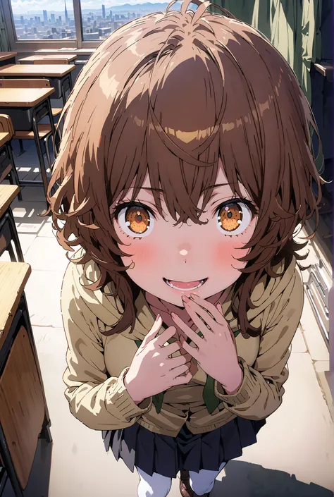 Liliru Card, Lilylka Alde, brown eyes, black cock, smile,cover,opens her mouth,short hair,White shirt,green 弓tie, yellow cardigan , black mini pleated skirt ,white pantyhose as if it were in the illustration,loafers,is walking,Beautiful cityscape,Beautiful...
