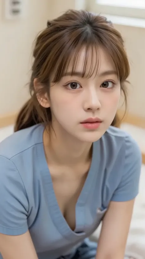 Photo-realistic image of a Japanese hospital examination room. A female nurse with a short ponytail, dressed in medical scrubs, is leaning forward with a concerned expression, looking directly at the viewer. From the front angle, her chest and bra are part...