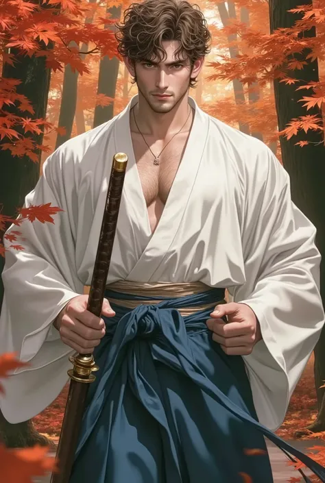 a 29-year-old man who looks young, measures 1 . 80 meters high , I bet, kendo (kimono blanco sólido abierto en la parte superior y una larga skirt maxi azul marino de cintura alta (skirt, Also) with obi:1.4), sweat, sparkling sweat, ( short curly br...