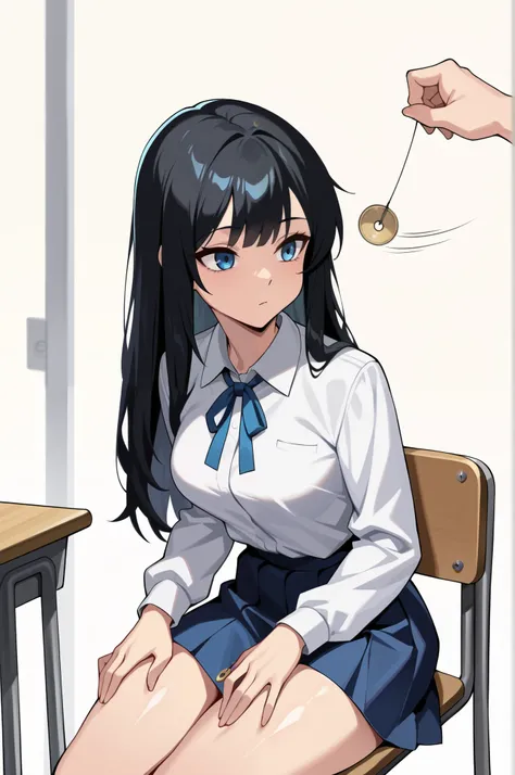 (masterpiece, ultra high definition, 16k, RAW photo, intricate), sharp focus, crisp details, 1girl , black hair, long hair, Neat hair, shiny hair, blue eyes, medium breasts, school uniform, white shirt, blue neck ribbon, blue skirt, (One Pendulum , Pend...