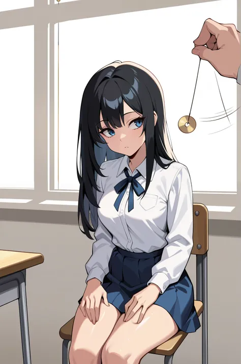 (masterpiece, ultra high definition, 16k, RAW photo, intricate), sharp focus, crisp details, 1girl , black hair, long hair, Neat hair, shiny hair, blue eyes, medium breasts, school uniform, white shirt, blue neck ribbon, blue skirt, (One Pendulum , Pend...
