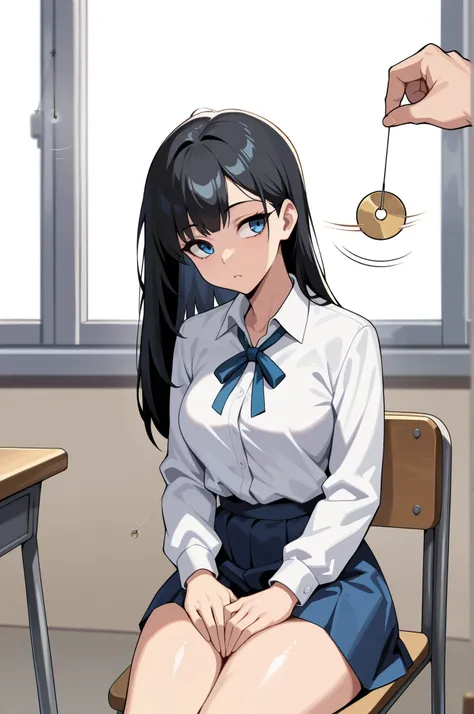 (masterpiece, ultra high definition, 16k, RAW photo, intricate), sharp focus, crisp details, 1girl , black hair, long hair, Neat hair, shiny hair, blue eyes, medium breasts, school uniform, white shirt, blue neck ribbon, blue skirt, (One Pendulum , Pend...