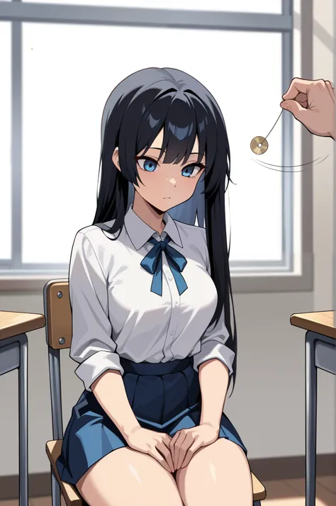 (masterpiece, ultra high definition, 16k, RAW photo, intricate), sharp focus, crisp details, 1girl , long hair, glossy straight black hair, silky smooth straight hair, blue eyes, medium breasts, school uniform, white shirt, blue neck ribbon, blue skirt,...