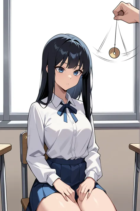 (masterpiece, ultra high definition, 16k, RAW photo, intricate), sharp focus, crisp details, 1girl , long hair, glossy straight black hair, silky smooth straight hair, blue eyes, medium breasts, school uniform, white shirt, blue neck ribbon, blue skirt,...