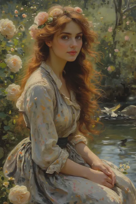 super detailed, masterpiece,best quality, full body show,Sitting by the stream,Beautiful Women, beautiful face,looking at the camera,white roses, shrubs,soft lighting, Romanticism ,Flowers,Bird,long flowing hair,4K,8k,high resolution, masterpiece,Super Fin...