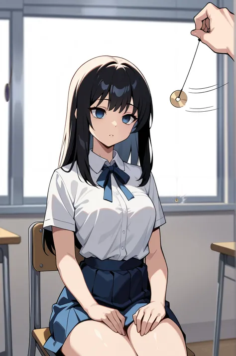 (masterpiece, ultra high definition, 16k, RAW photo, intricate), sharp focus, crisp details, 1girl , long hair, glossy straight black hair, silky smooth straight hair, blue eyes, medium breasts, school uniform, white shirt, blue neck ribbon, blue skirt,...