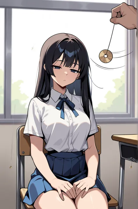 (masterpiece, ultra high definition, 16k, RAW photo, intricate), sharp focus, crisp details, 1girl , long hair, glossy straight black hair, silky smooth straight hair, blue eyes, medium breasts, school uniform, white shirt, blue neck ribbon, blue skirt,...