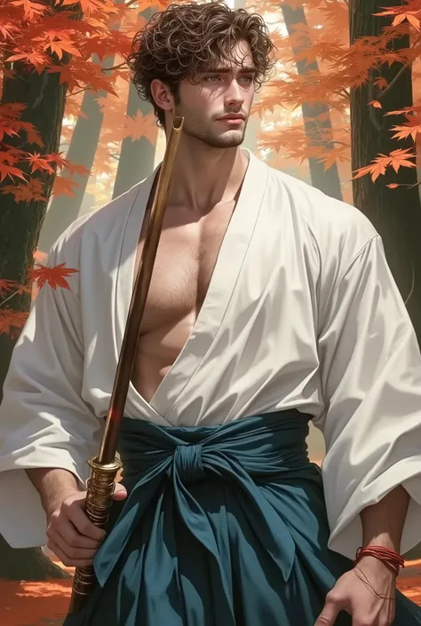 a 29-year-old man , 1.80 cm meters high, I bet, Male, kendo (kimono blanco sólido abierto en la parte superior y una larga skirt maxi azul marino de cintura alta (skirt, Also) with obi:1.4), sweat, ( short and very curly brown hair :1.2), Bright emerald ...