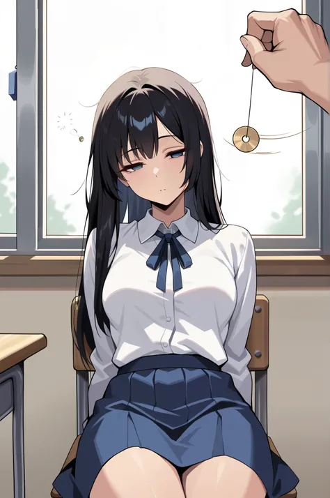 (masterpiece, ultra high definition, 16k, RAW photo, intricate), sharp focus, crisp details,  1girl , long hair, glossy straight black hair, silky smooth straight hair, blue eyes,  medium breasts, school uniform, white shirt, white collar shirt,  blue neck...