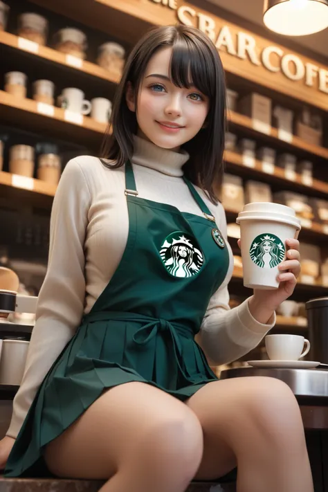 ((best quality)),((masterpiece)),(detailed),(black hair:1.3),(Light brown turtleneck sweater:1.3),(pleated skirt,a girl she has one coffee cup:1.2),(Large and shapely breasts),(Photograph from head to knee:1.3),from below,drooping eyes,smile,blush,blue eye...