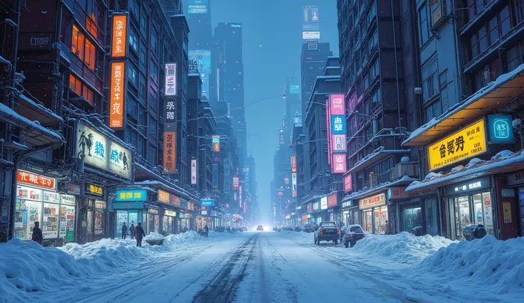 8,000 , masterpiece ,Highest Quality, Close shot,symmetry,Ground view, and no figures,night,The cyberpunk city is covered in thick snow and ice,