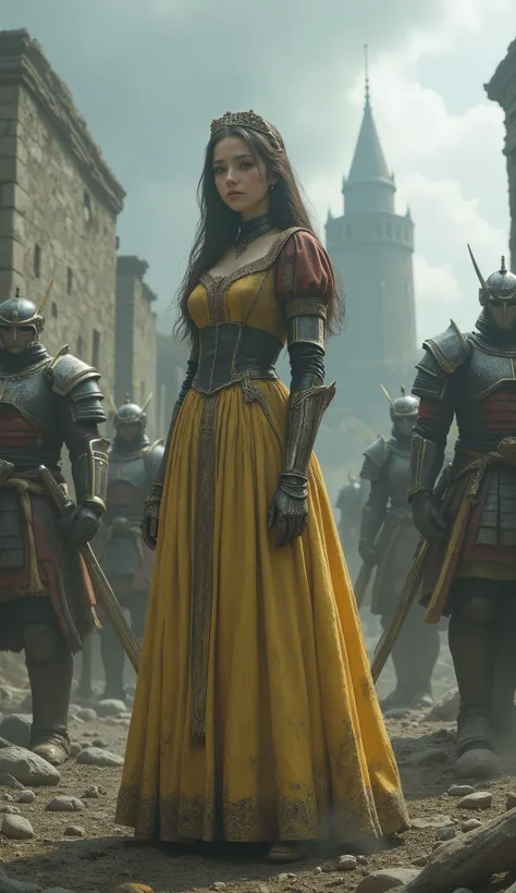 A desolate, once beautiful kingdom. The ruins of a dilapidated castle stand in the distance, and the sky is heavy with clouds. The ground is covered with rubble and dirt, with scorched spots visible here and there.

Cyborg Snow White,
While retaining trace...
